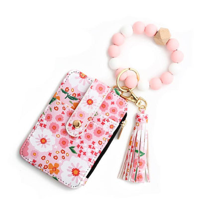 Women's Boho Style Beaded & Tassel Decorated Keychain with Flower Pattern Wallet