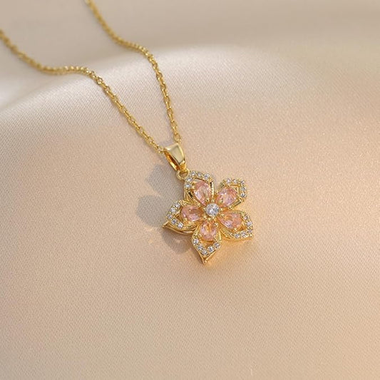 Rotatable Crystal Flower Pendant Necklace