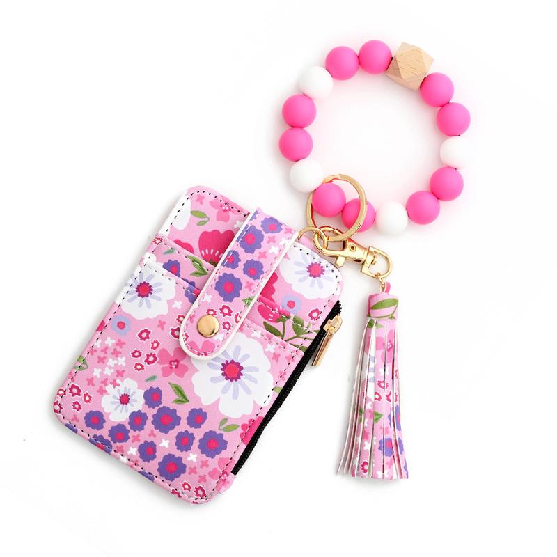 Women's Boho Style Beaded & Tassel Decorated Keychain with Flower Pattern Wallet