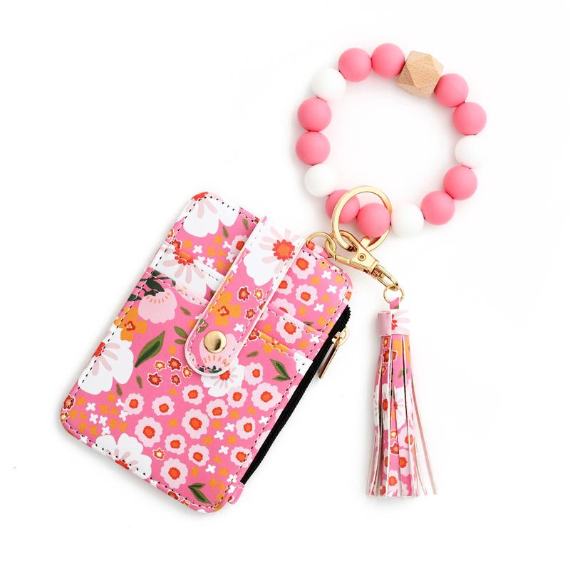 Women's Boho Style Beaded & Tassel Decorated Keychain with Flower Pattern Wallet