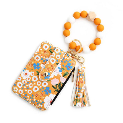 Women's Boho Style Beaded & Tassel Decorated Keychain with Flower Pattern Wallet