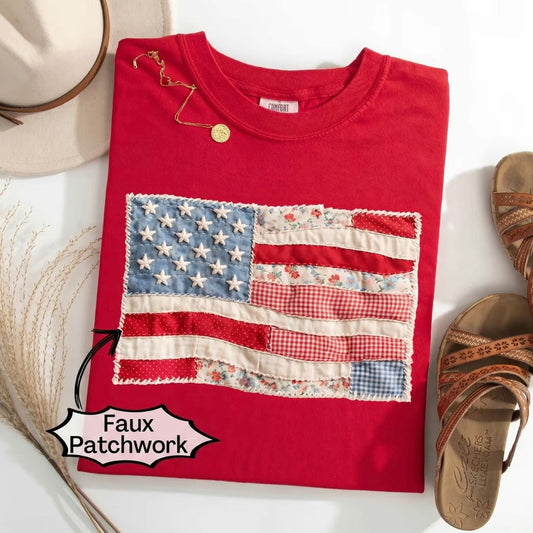 American Flag 4th of July Faux Patchwork Print Shirt/Sweatshirt/Hoodie